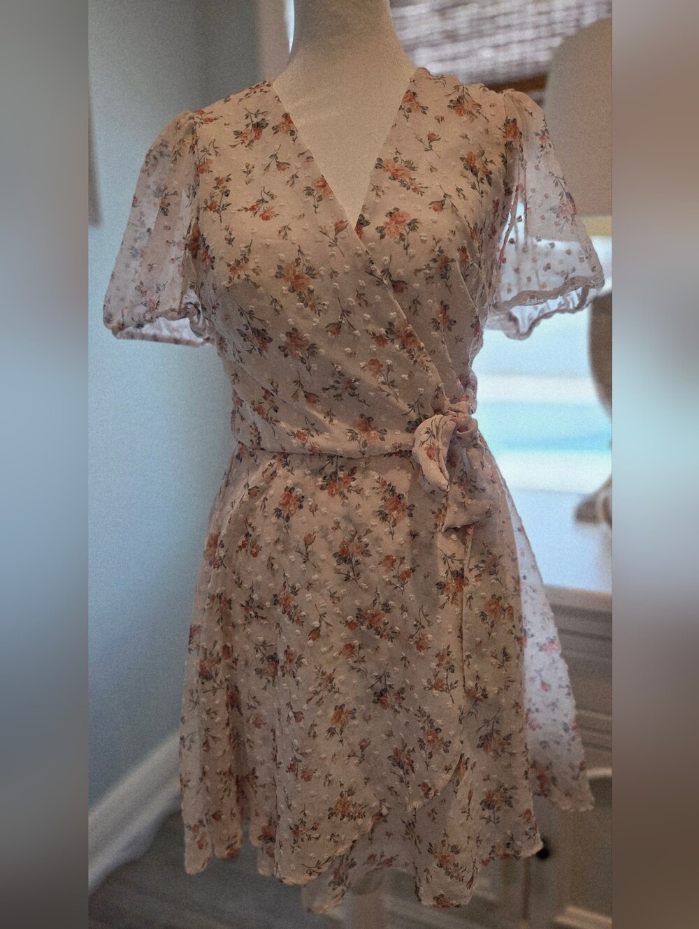 Francesca's Collections Cream Floral Wrap Midi Dress with Puff Sleeves